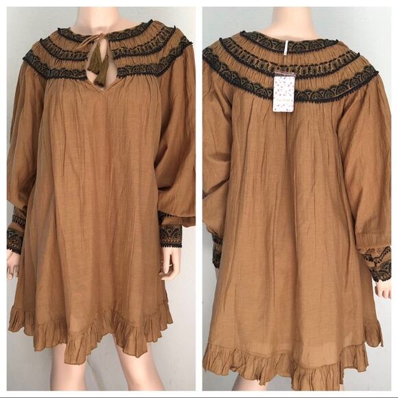 Free People Erin Embroidered Boho Mini Dress Size M NWT Long sleeve In Brown - Picture 3 of 13